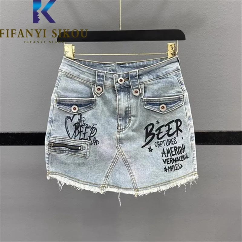 

Letter Print Jeans Skirt Women Streetwear 2024 Summer Loose High Waist Denim Skirt Pocket Zipper Fashion A-Line Skirt Female