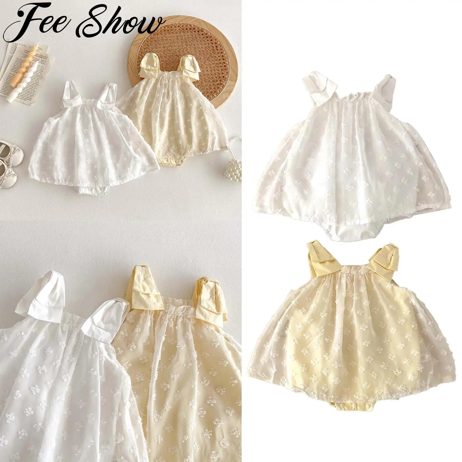 

Baby Girls Clothes Sweet Summer Bow Shoulder Strap Jacquard Weave Tulle Princess Dress Romper for Holiday Wedding Birthday Party