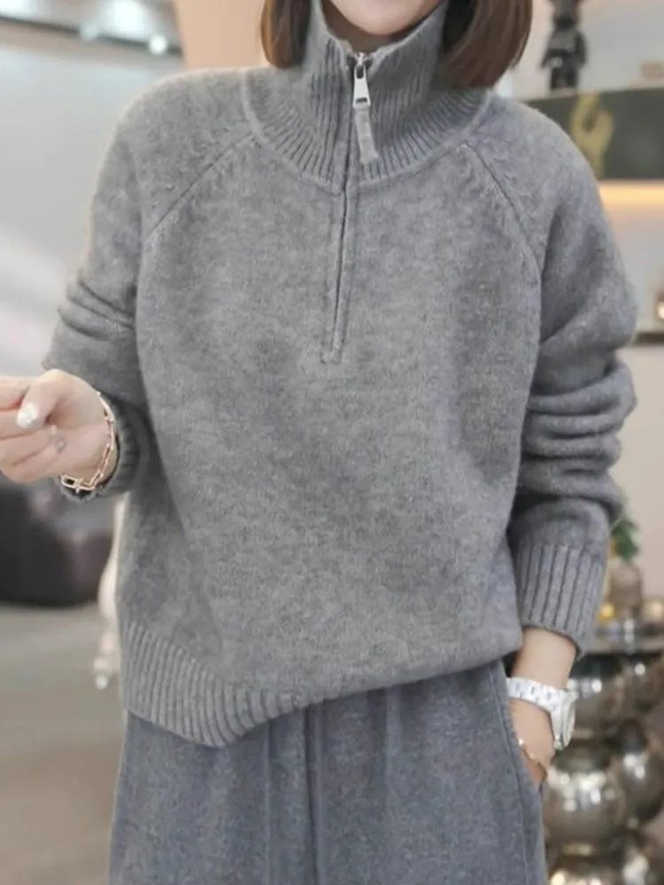 

Ele Pure Color вязаный свитер с высоким воротником Long Sve женский верх на молнии дизайн осень-зима модный топ