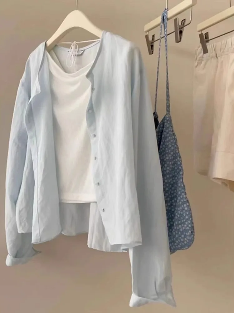 

Sun Protection Silk Shirt Coat Women's Summer Thin Long Sleeve Outerwear Air Conditioning Shirt OOTD Commute Style Loose Fit