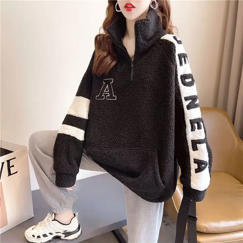 Korean Version Of Personalized Embroidery Loose Lamb Hair Half Zipper Turtleneck Sweater Women Street Fashion Casual Joker Top