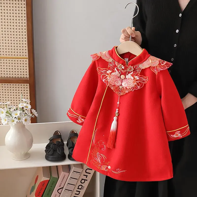 

baby's New Year's red children's velvet long sleeved formal Autumn and winter girls' Tang dress