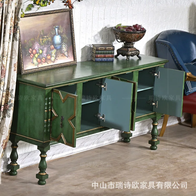 Living room gold-painted retro green four-door cabinet dining side cabinet corridor entrance high-end design decorative cabinet