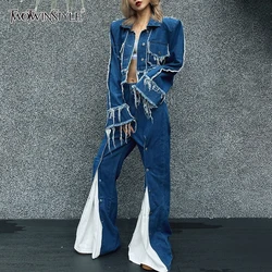 TWOTWINSTYLE Colorblock Denim Two Piece Sets For Women Lapel Long Sleeve Coat High Waist Flare Pant Vintage Set Female Clothing