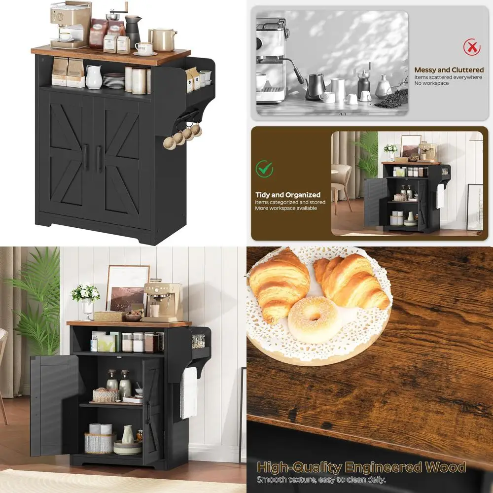 

Kitchen Island Cabinet with Storage, Dual-pose Floating Shelf and Hooks, Suitable for Home and Restaurant, Rustic Brown