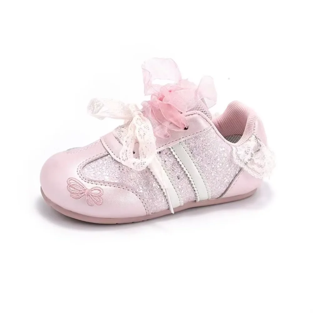 2026 Girls' Spring/Summer New Style Sneakers Pink Cute Flower, Fashion Versatile Casual Shoes, Lace Bow Cute, Non-Slip Soft Sole