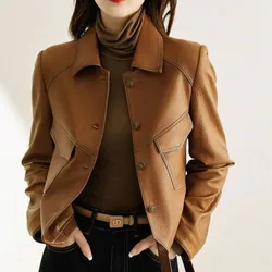 Women's Spring Autumn Fashion Solid Color Square Neck Button Casual Versatile Long Sleeved Slim Fit Short Denim Leather Jacket