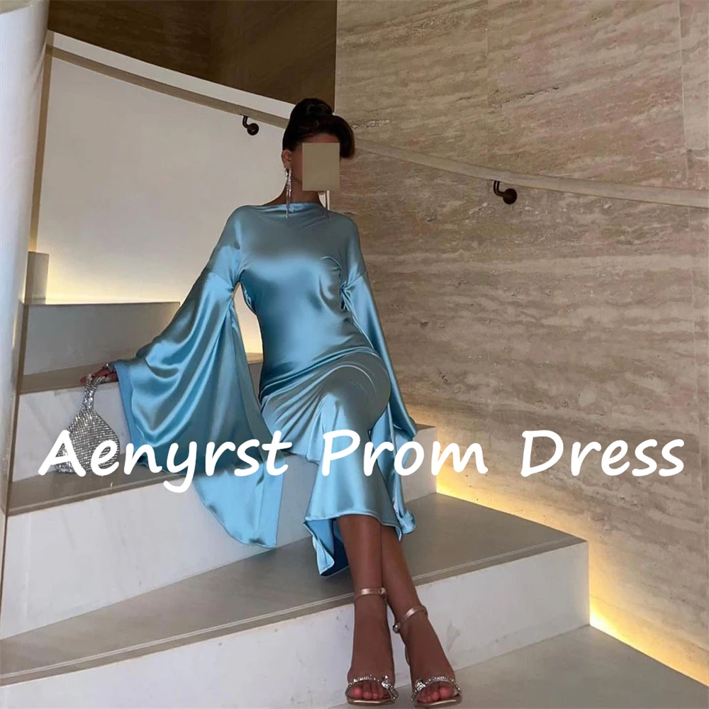 Aenyrst Simple Long Flared Sleeves Saudi Arabia Evening Dresses Mermaid Satin Bodycon Prom Dress Ankle Length Formal Party Gowns