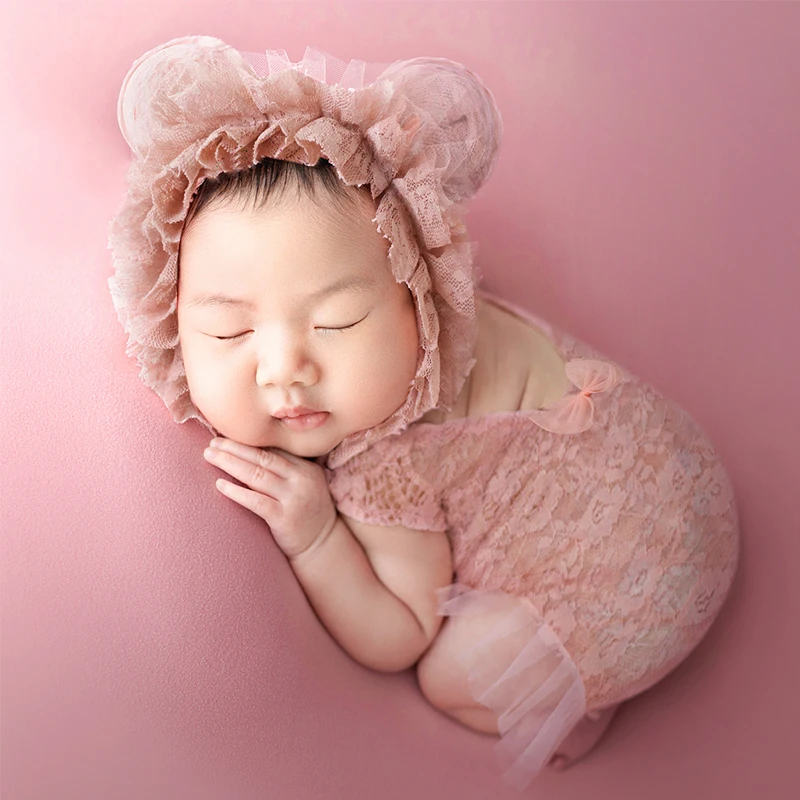 Ylsteed 2 Pieces Set Newborn Infant Photo Shooting Lace Romper with Ear Hat Dusty Pink Baby Girl Photography Clothes