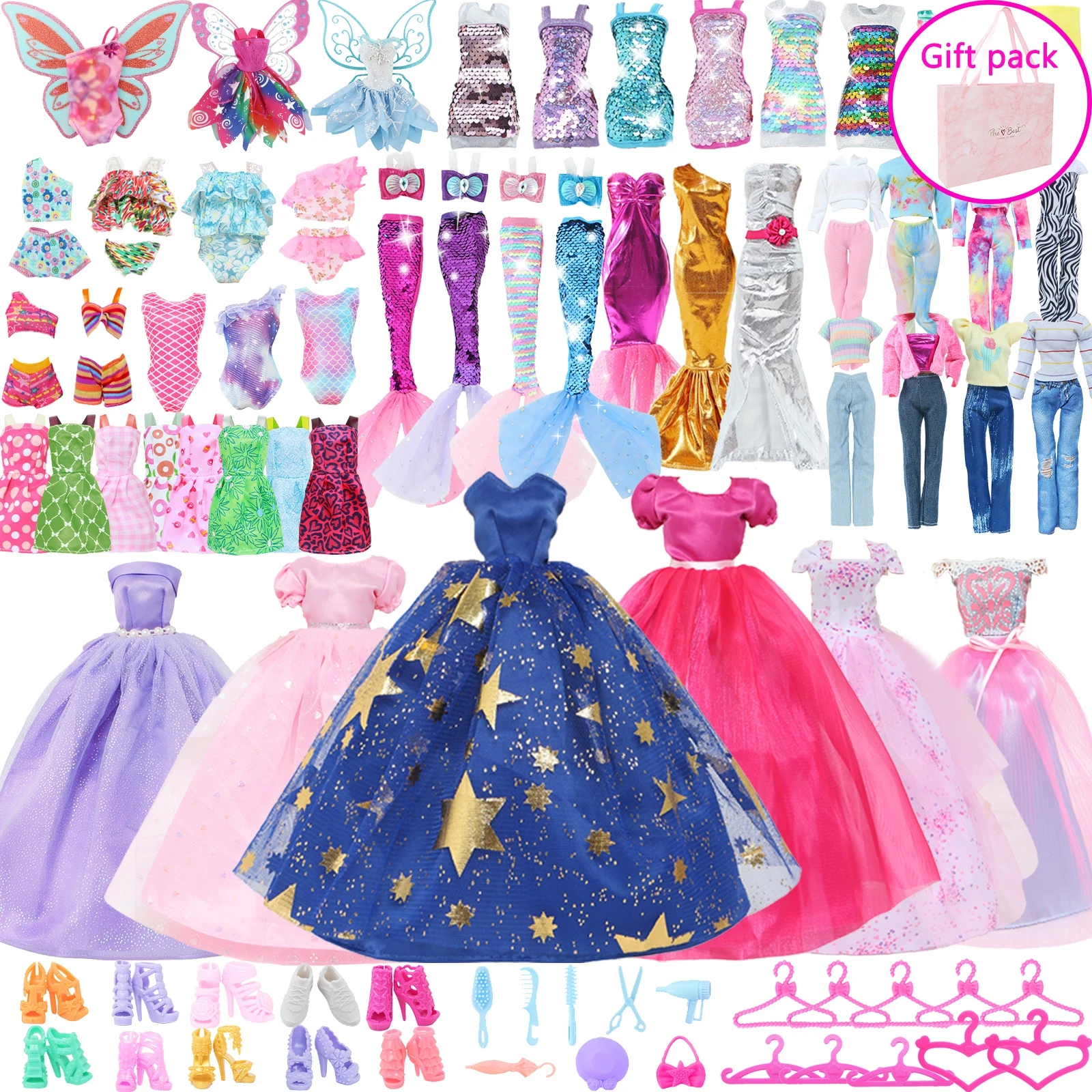 

63 Pcs/Pack Doll Clothes and Accessories 11.5 Inch Doll 30cm Princess Gown Sequins Dress Outfit Swimsuit Shoes Hangers Toy Gift