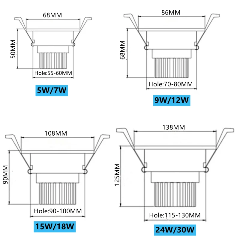 Dimmable AC85V-265V 5W 7W 9W 12W 15W 18W 24W 30W COB Downlight LED Recessed Ceiling Lamp Spot Light For Home Lighting