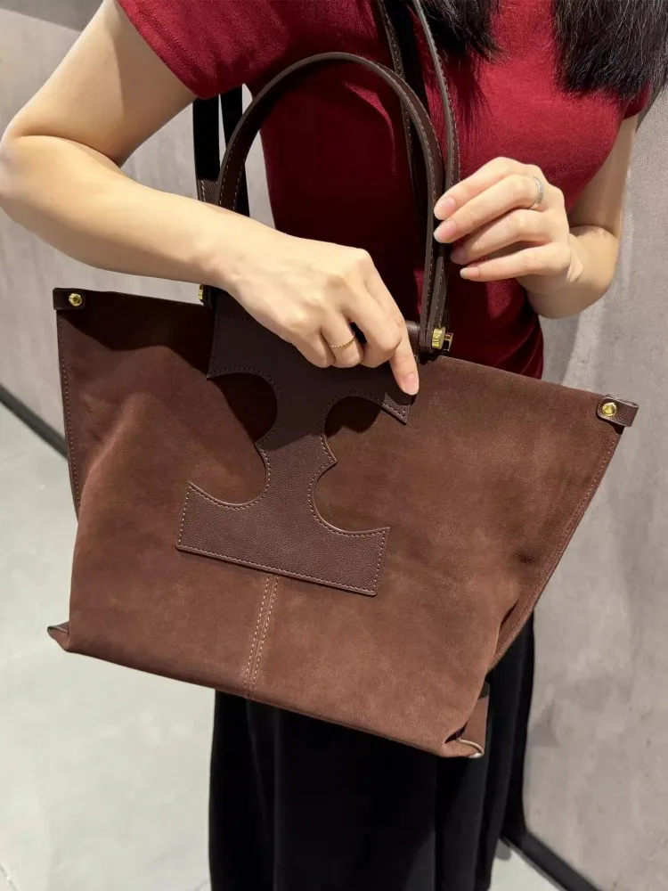 Elegant Office Ladies Large Capacity Casual Tote Handbag Vintage Spliced Design Women Suede Genuine Leather Single Shoulder Bag