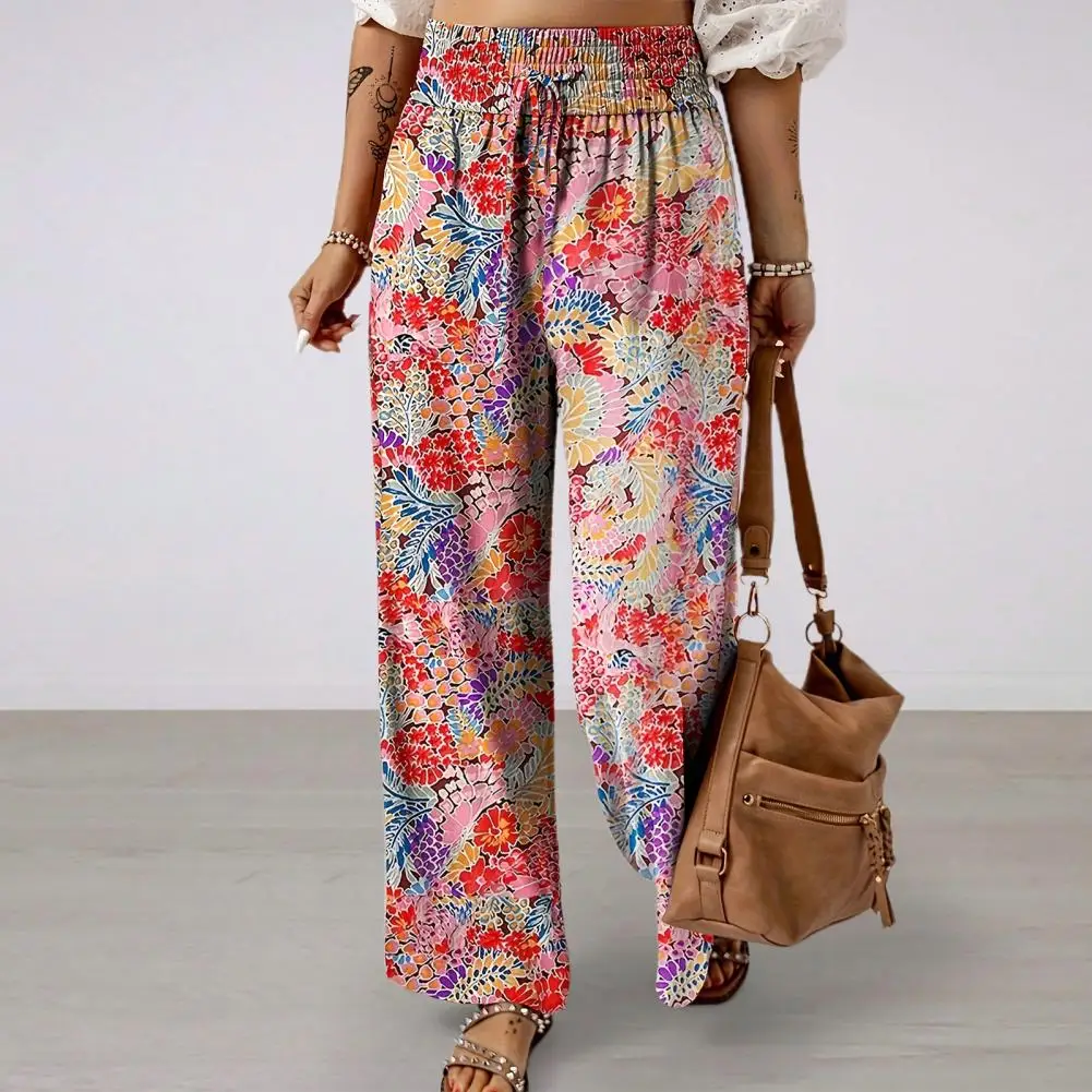 Pantalones holgados con estampado Floral para mujer, pantalones de pierna ancha de cintura alta con bolsillos ajustables con lazo, ropa de calle para trabajo de negocios