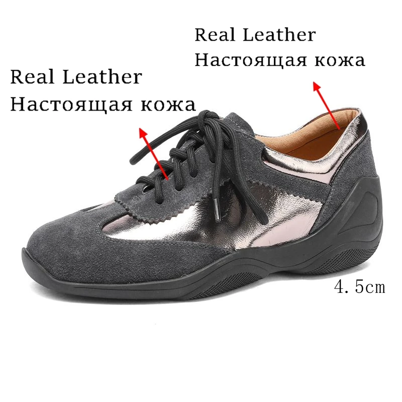 ANOVISHANA Full Top Grain Leather Women Sports Training Shoes Lace Up 4.5cm Increased Heel Splicing Mixed Color Sneakers Silver