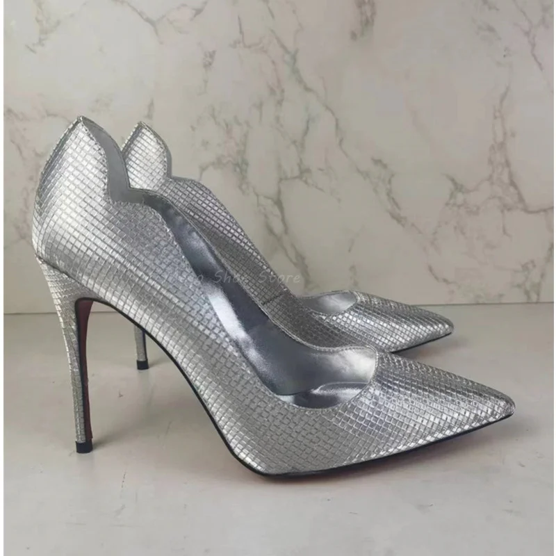 

Silver Pointed Toe Stiletto Heel Single Shoes for Women 10cm High Heel Sheepskin Pumps Brand Design Shallow Shoes for Lady