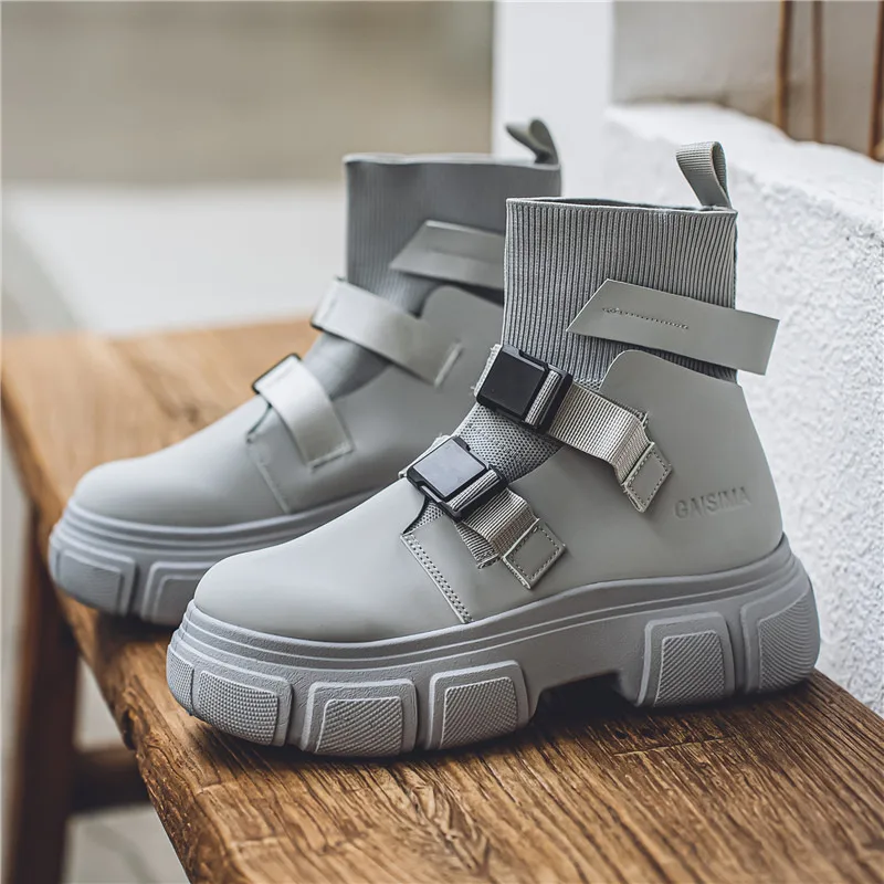 

Grey Buckle Men’s Motorcycle Boots Height Increasing Designer Tooling Shoes Man Outdoor Street Male Ankle Boots botas masculino