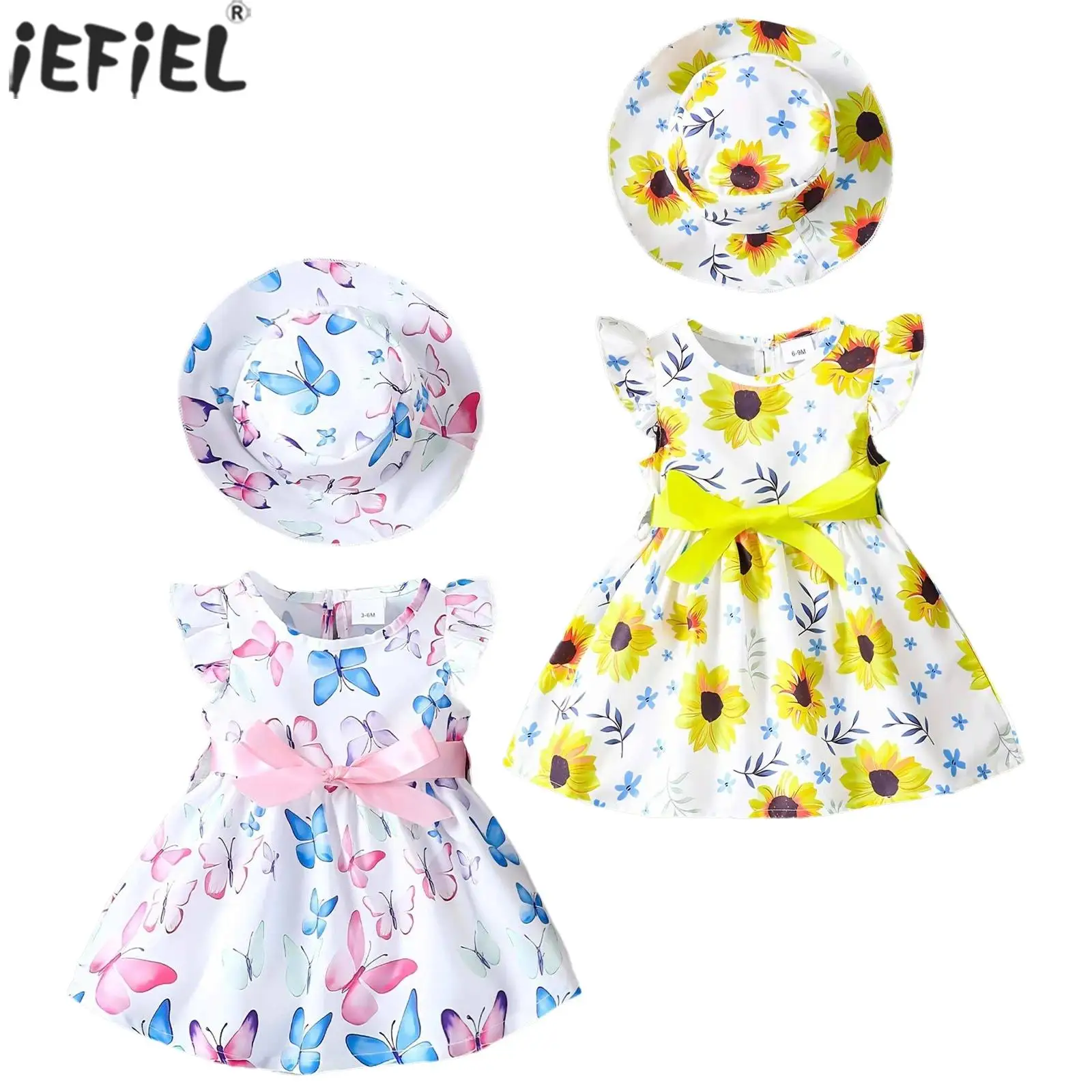 

Infant Baby Girls Summer Dress with Sun Hat Flying Sleeve Butterfly Print A-line Dresses Toddler Party Beach Travel Sundress