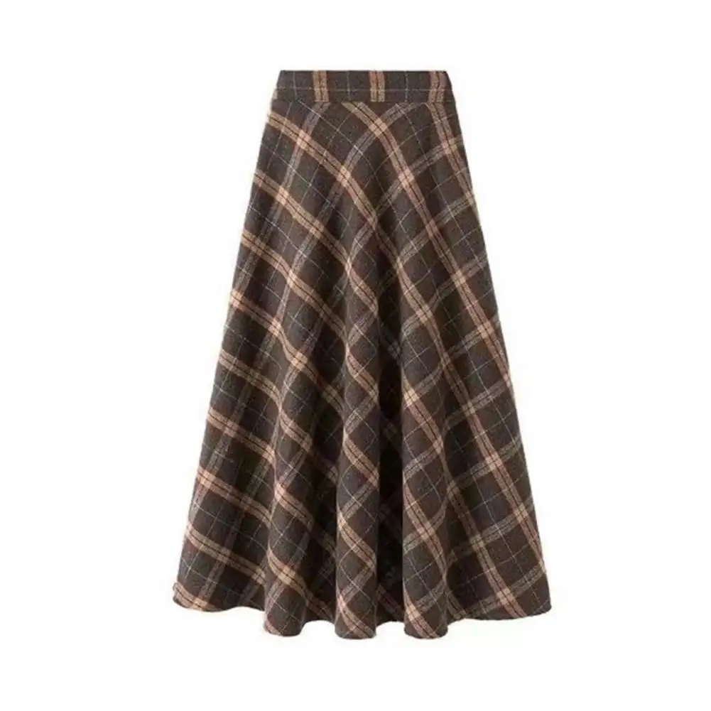 Long Plaid Skirt Plaid Print A-line Maxi Skirt with High Elastic Waist Retro Warm Soft Ankle Length for Women