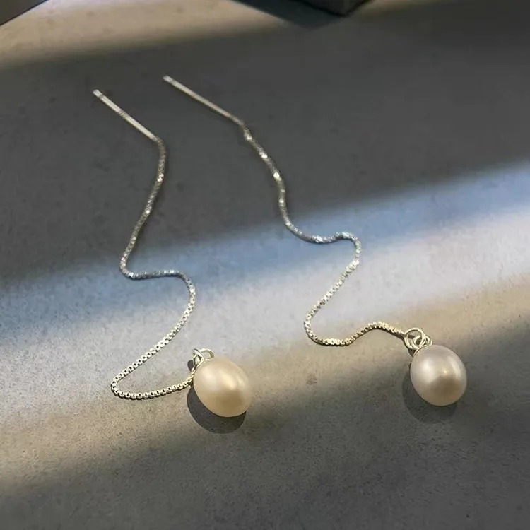 

Real 925 Sterling Silver Elegant Pearl Ear Line Stud Earrings for Charm Women Classic Fine Jewelry Geometric Oval Accessories