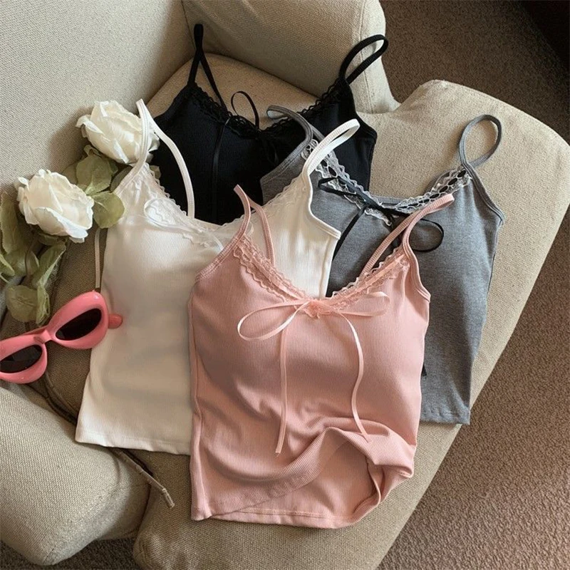 

Ins style bow strap camisole strapless sweet lace women's vest casual sleeveless gathering tight and breathable