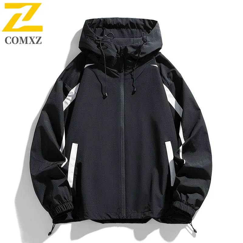 

2025 Hooded Men Jacket Spring Autumn Casual Camping Waterproof Loose Windbreaker Unisex Outdoor Work Splicing Coat Streetwear