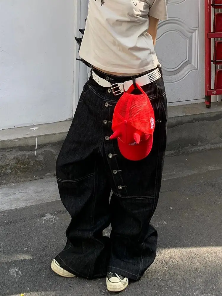 

American Vintage Jeans Solid Color Pockets Patchwork High Waist Design Wide Leg Pants Y2k Streetwear Casual Loose Women Clothing