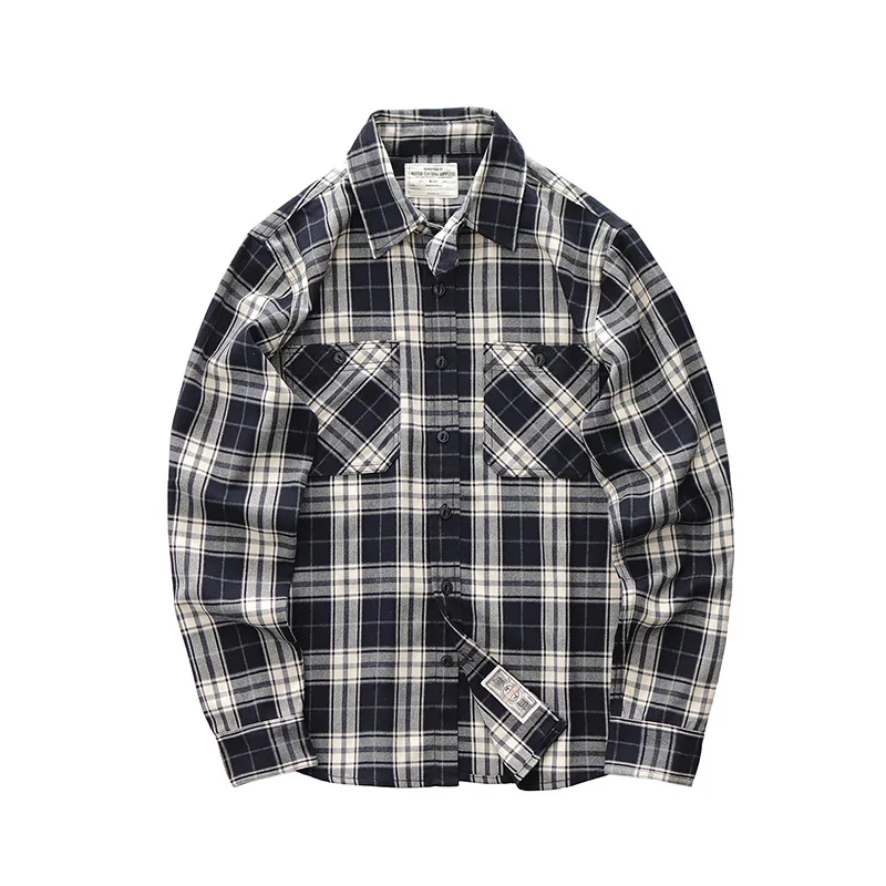 Autumn New Japanese Retro 300g Heavyweight Long-Sleeve Lapel Plaid Cargo Shirt Men's Simple Washed Double Pocket Casual Blouses
