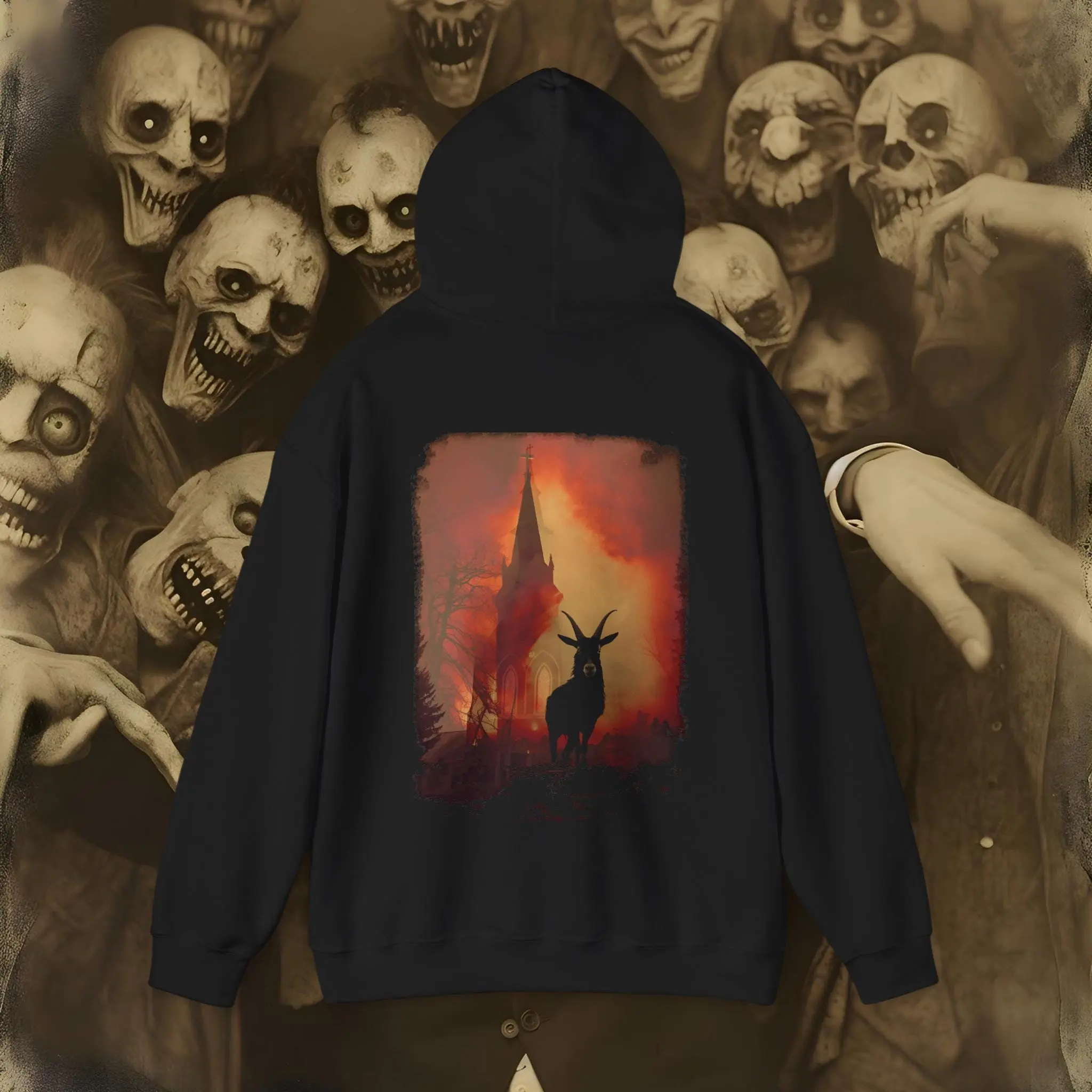 Felpa con cappuccio da uomo e da donna, chiesa gotica, demone, capra, fuoco, horror, stampa artistica, felpa nera oversize scura streetwear