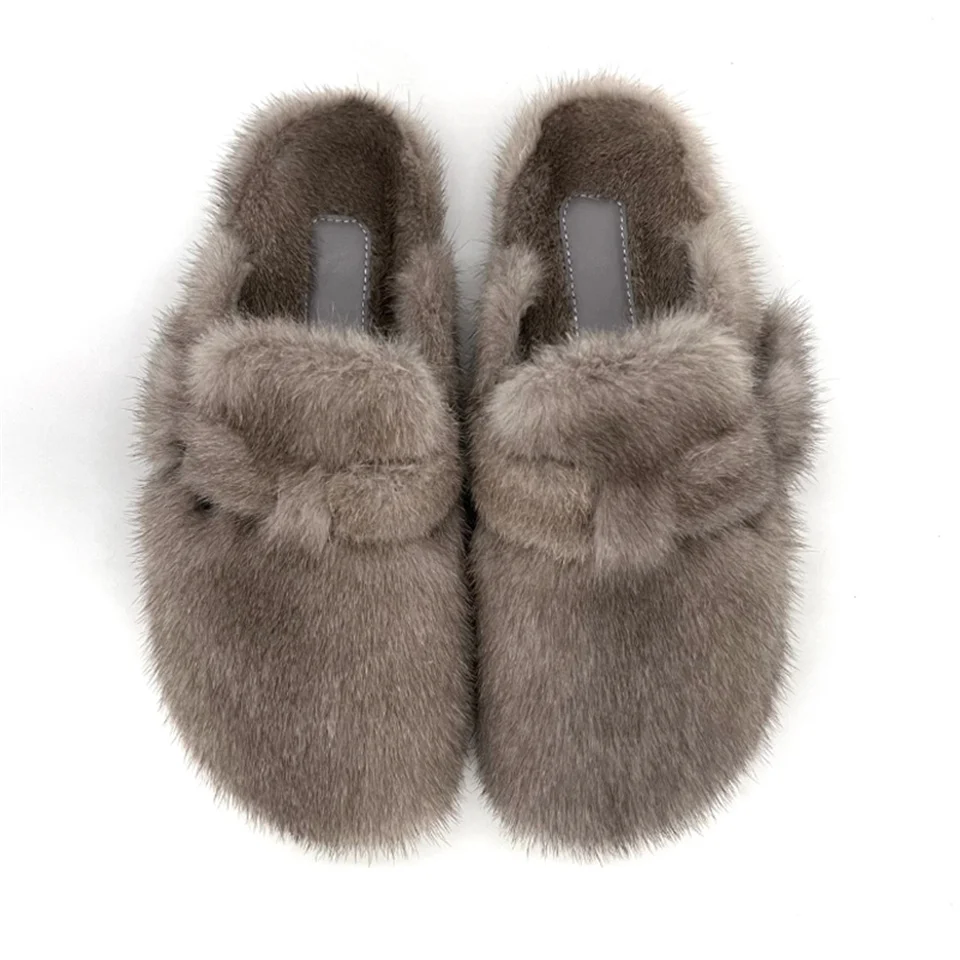 Fashion Fur Slippers Women Autumn Winter Vintage Close Toe Mules Shoes Woman Soft Sole Cork Slides Flat Outdoor Mink Slippers