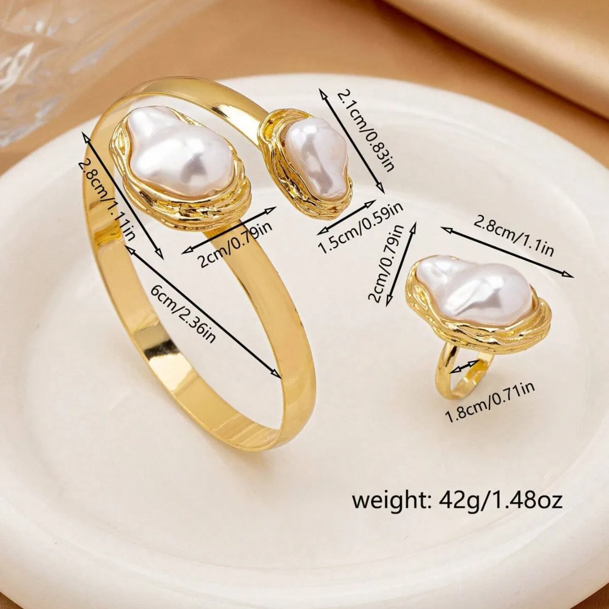 Einfache Imitation Perle Öffnung Einstellbar Armband Ring Set Für Frauen Gold Farbe Unregelmäßige Perle Schmuck Party Hochzeit Geschenke – Detail 5