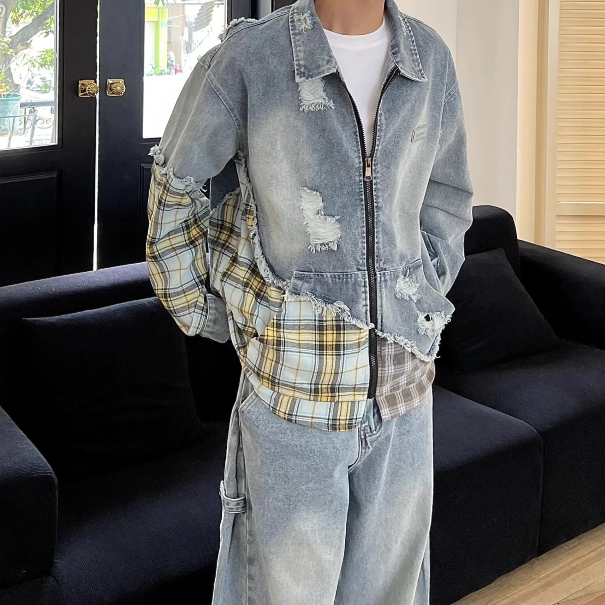 

Мужская джинсовая куртка в стиле ретро с американским клетчатым узором, эффектом потертости и свободным кроем, в повседневном стиле, для уличной моды, с длинными рукавами