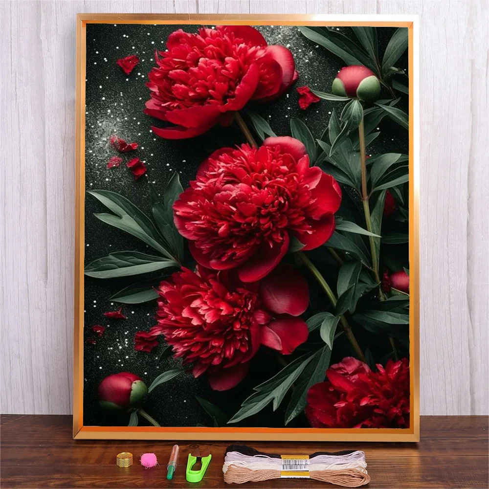 Red Peony Flowers Counted Cross Stitch Kit Floral Printed DIY Embroidery Adults Handicraft Gift Home Decorate Needlework