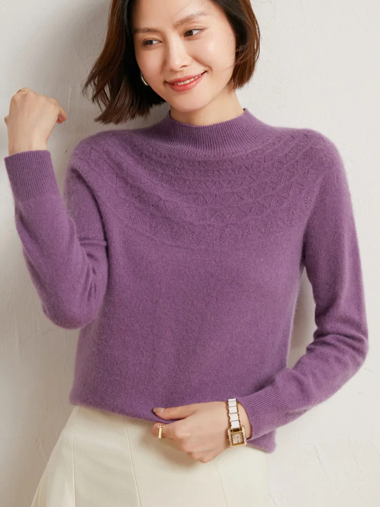 Autumn Winter Mock-neck Pullover Sweater For Women 100% Merino Wool Solid Hollow Soft Cashmere Knitwear Female Clothing Tops