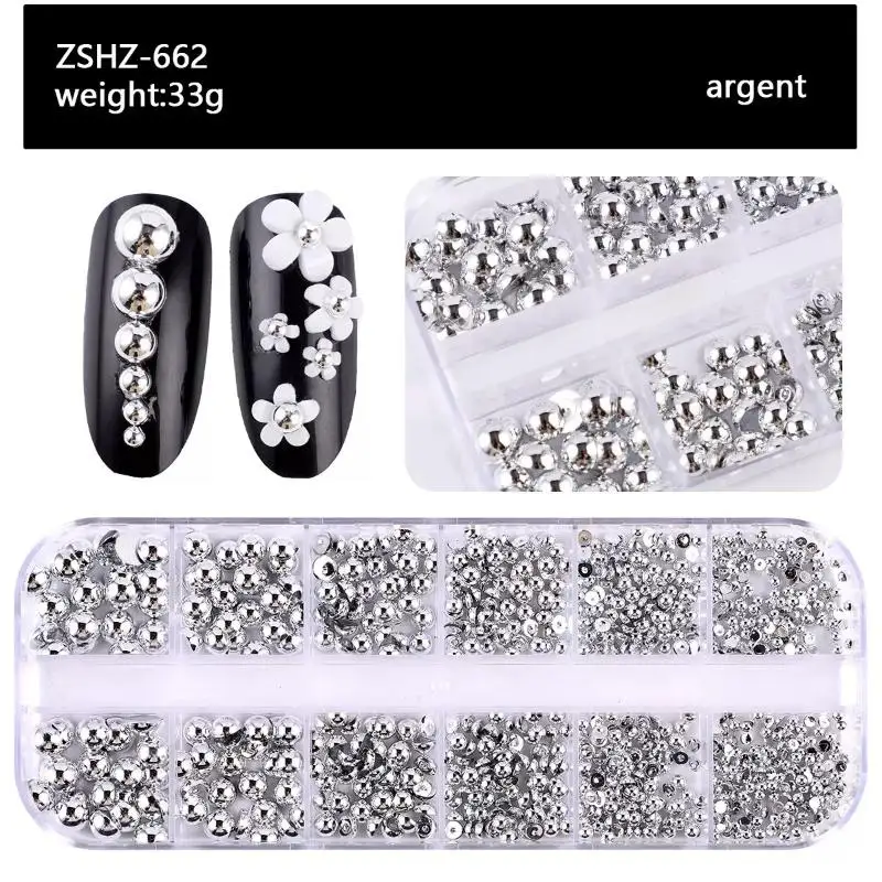 12Grids Pearl Nail Decor Mixed Semi-circular Pearl Gold Silver Nail Charms Nail Decor Manicure Nail Salon Accessories Nail Decor