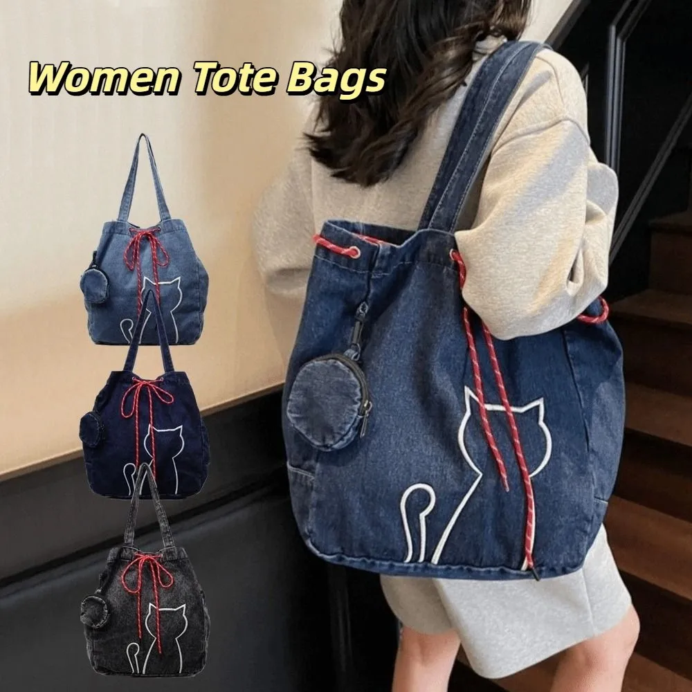 

Fashion Vintage Women Tote Bags Y2k Denim Kitty Shoulder Bags Large-capacity Harajuku Drawstring Bag Handbag