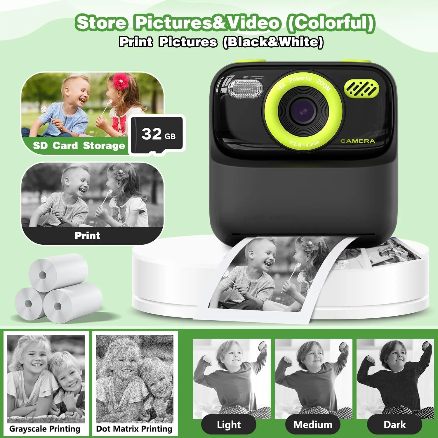 子供用インスタントプリントカメラ、男の子と女の子への誕生日プレゼント、子供用デジタルカメラおもちゃ、1080P HDビデオ、男の子へのギフト/女の子へのギフト