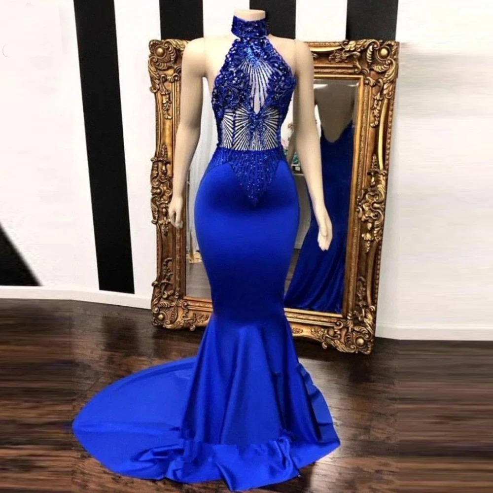 Afrikanische Royal Blue Mermaid Abendkleider Satin High Neck Schwarz Mädchen Abendkleid Perlen Applique Formale Party Vestido Nach Maß