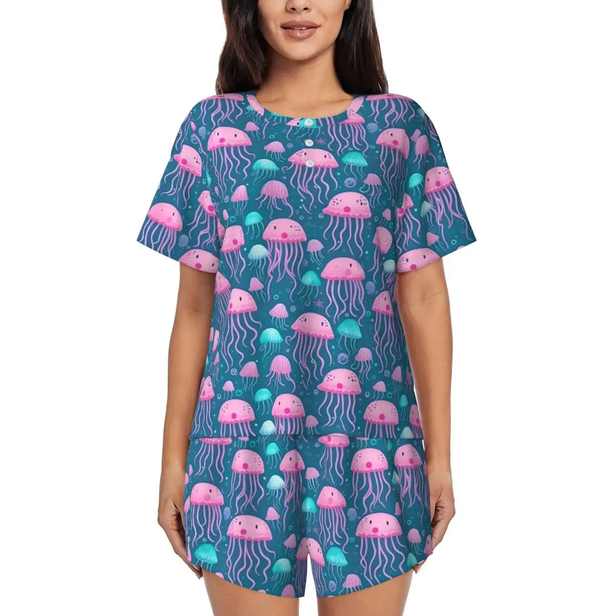 

Элегантный пижамный комплект с принтом медуз и морских обитателей: ночная рубашка с круглым вырезом и короткими рукавами и шорты для сна