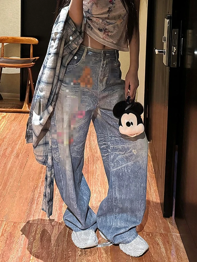 

Весна/лето, новые популярные повседневные свободные прямые брюки в стиле ретро для девочек, широкие джинсы с забавной цепочкой и принтом плюшевого мишки в американском стиле