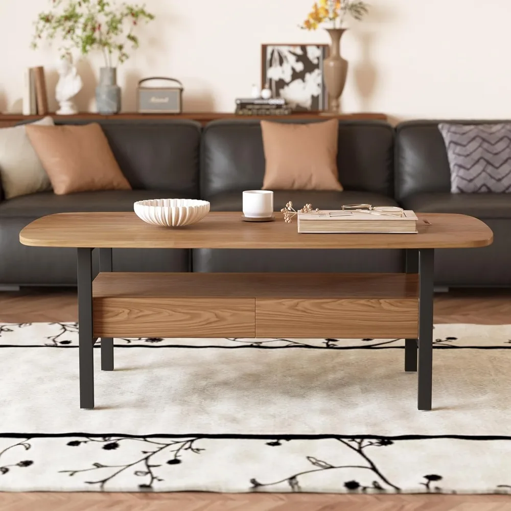 طاولة قهوة بأدراج ورف مفتوح، طاولة مركزية لغرفة المعيشة الحديثة مقاس 47 بوصة مع زوايا مستديرة، طاولة شاي للتخزين