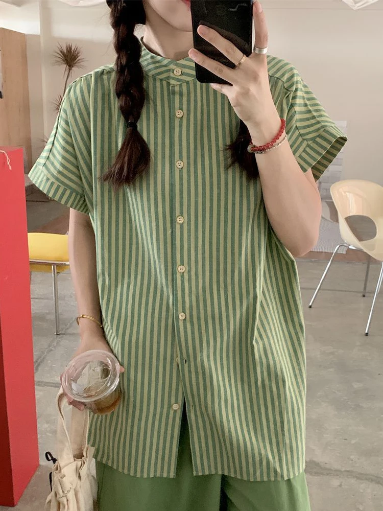 Zoki ผู้หญิง Retro สีเขียวลายเสื้อ Oversize หลวม O คอสั้นแขนเสื้อญี่ปุ่นเสื้อ Harajuku สบายๆฤดูร้อน Preppy สไตล์เสื้อ