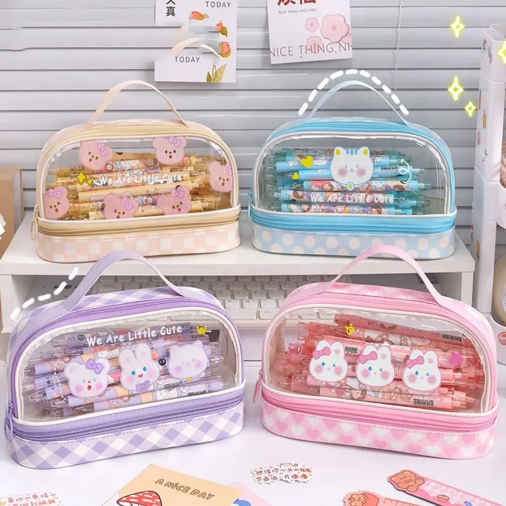 

PU Cartoon Pencil Bag Cartoon Bear Chessboard Pattern Transparent Stationery Bag Waterproof Zipper Large Capacity Pencil Bag