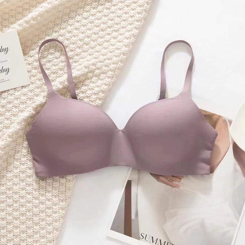 

Nude comfortable lingerie non-marking glossy gathered bra wirefree two rows of buckle cups solid color beautiful back underwear
