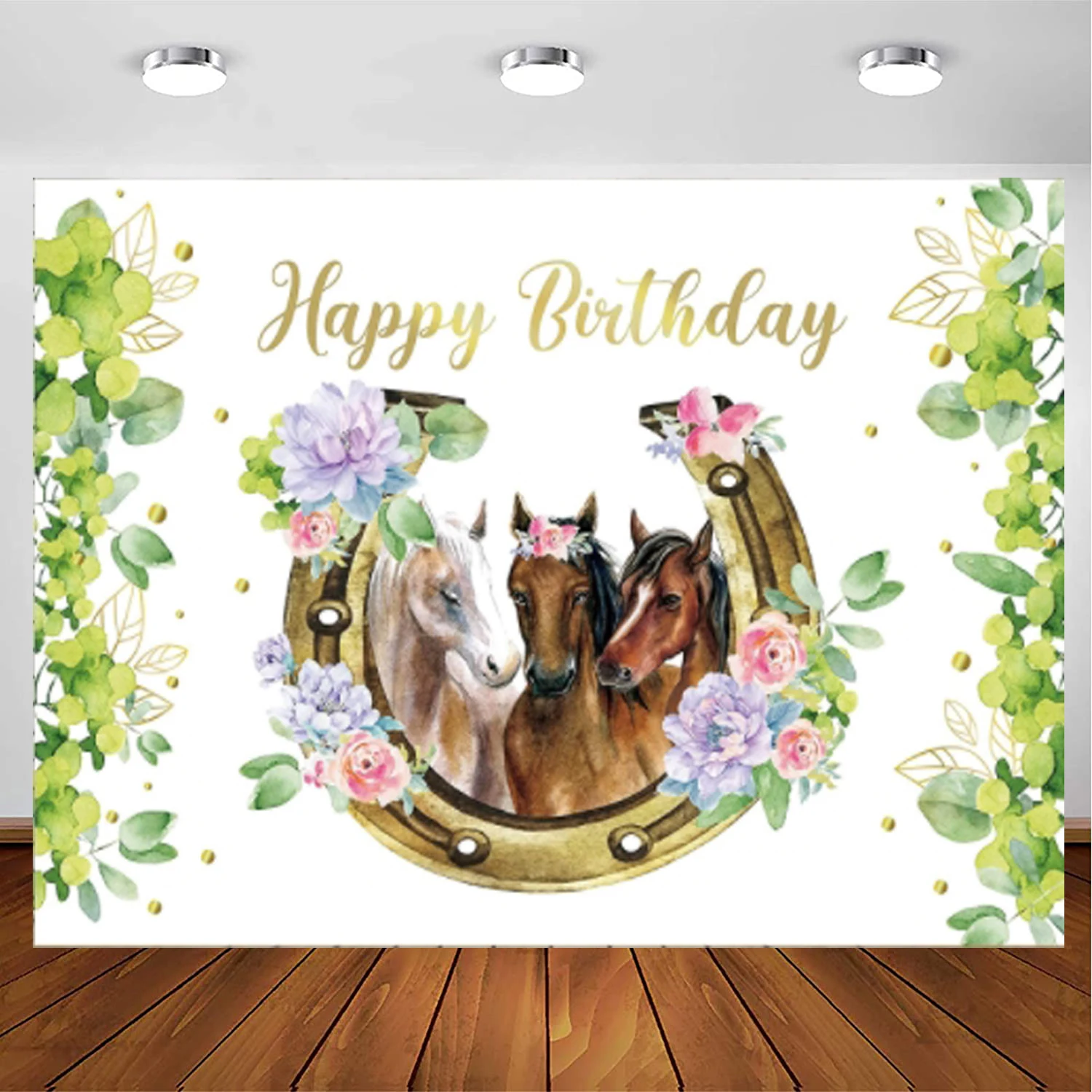 

Horse Birthday Party Photography Backdrop Floral Cowgirl Flower Western Farm Green Leaves Watercolor Background Shoot Decor