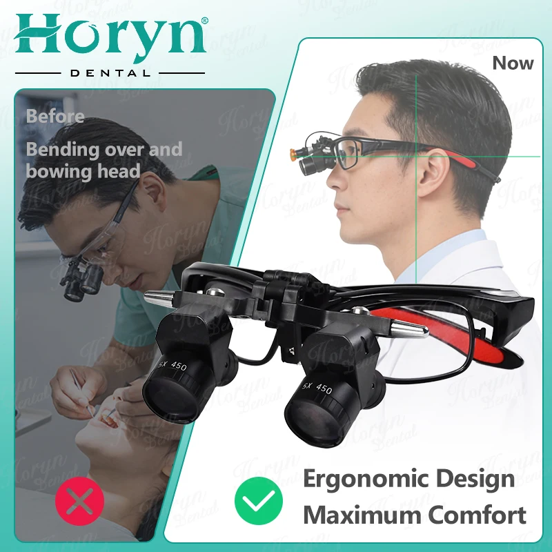 Horyn 5X Dental Ergo Loupes 48 ° Ergo optical Loupes Oral Surgery Ergo Flip Up Loupes Adjustable working distance Dentistry Tool