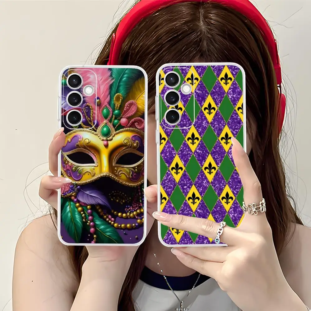 Mardi Gras Carnival Phone Case for Samsung Galaxy S25 S24 S23 S22 S21Plus FE Ultra Soft TPU Clear Shockproof Cover