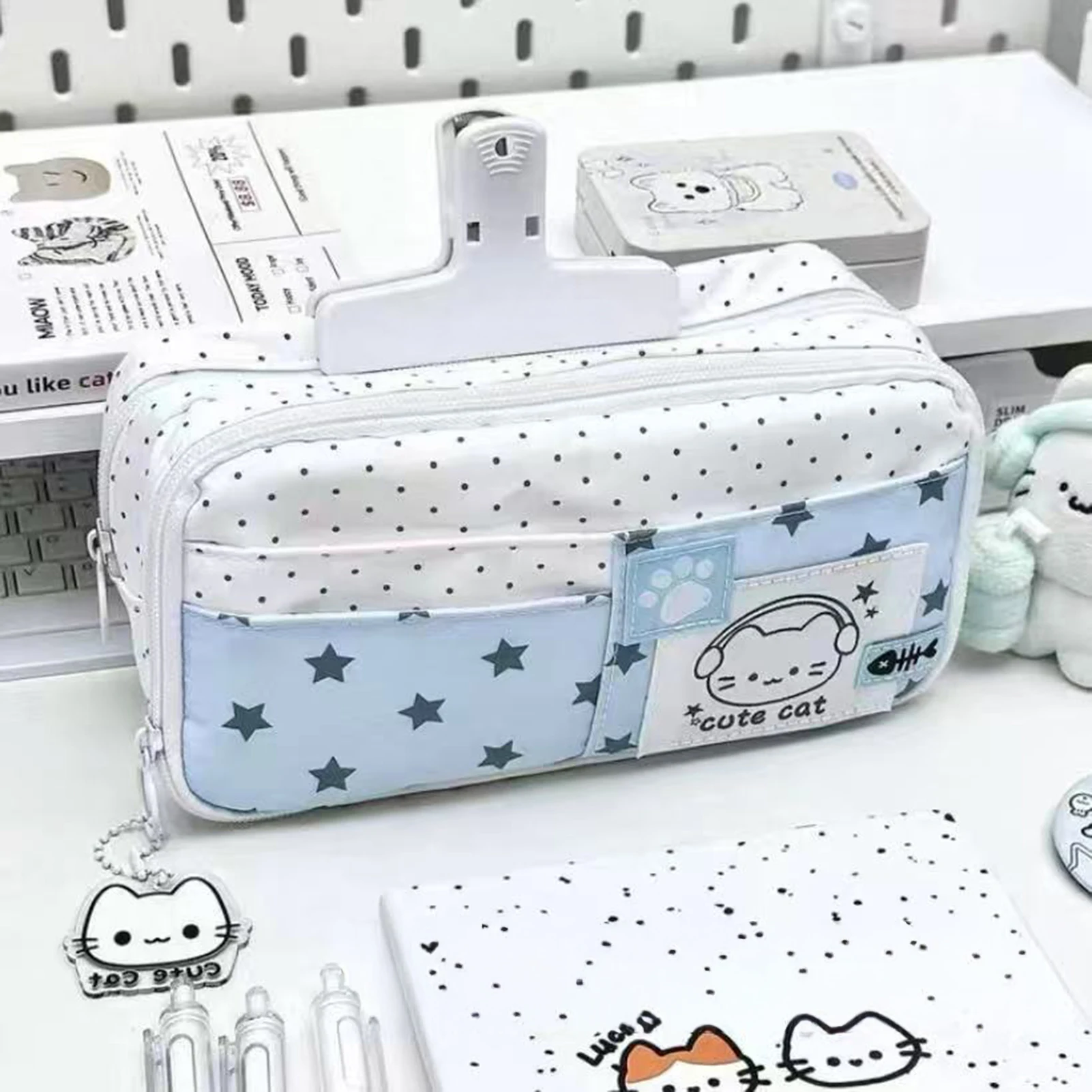 Ins Girl Heart Style Stationery Bags Blue Music Polka Dot Little Cat Designs Pencil Cases Multi-layer Large Capacity Pen Pounch