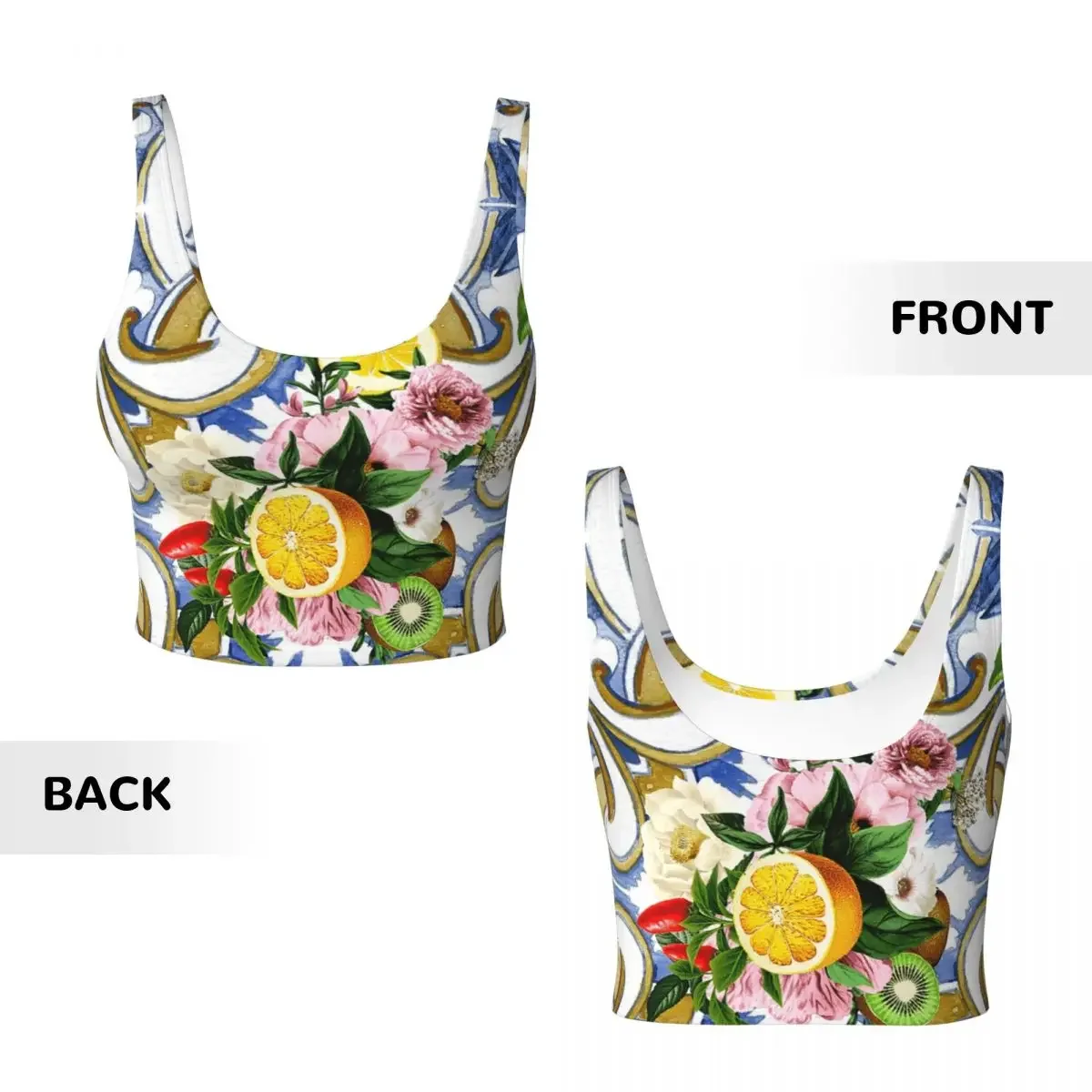 Custom Sicilian Tiles,Mediterranean,Mosaic,Lemons Women Sports Vest Bra Gym Workout High Impact Yoga Crop Tank Tops