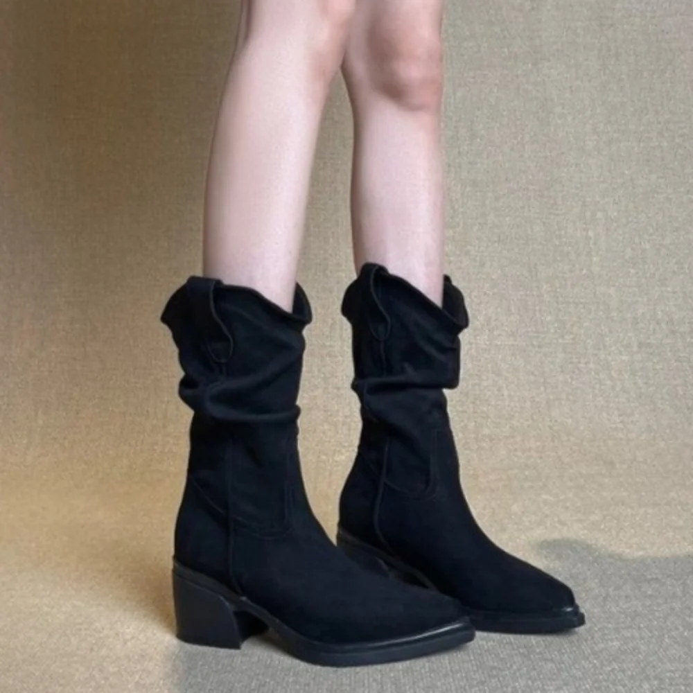 Brown Pointed Toe Thick Heels Western Boots Women Plus Slip On Mid Calf Boots Woman Wide Leg Pleated Flock Botas Mujer