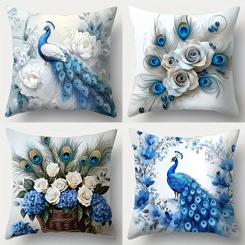 

Blue Peacock Floral Luxury Pattern Home Decor Pillowcase Living Room Sofa Polyester Cushion Cover with Zipper